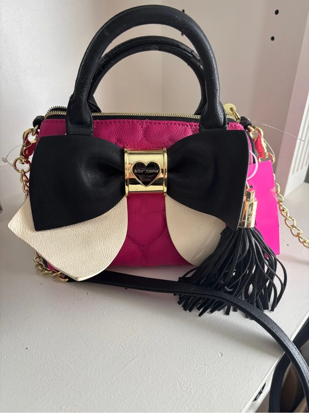 NWT Betsey Johnson Pink Quilted Bow Satchel Crossbody Bag Tassel Purse see note